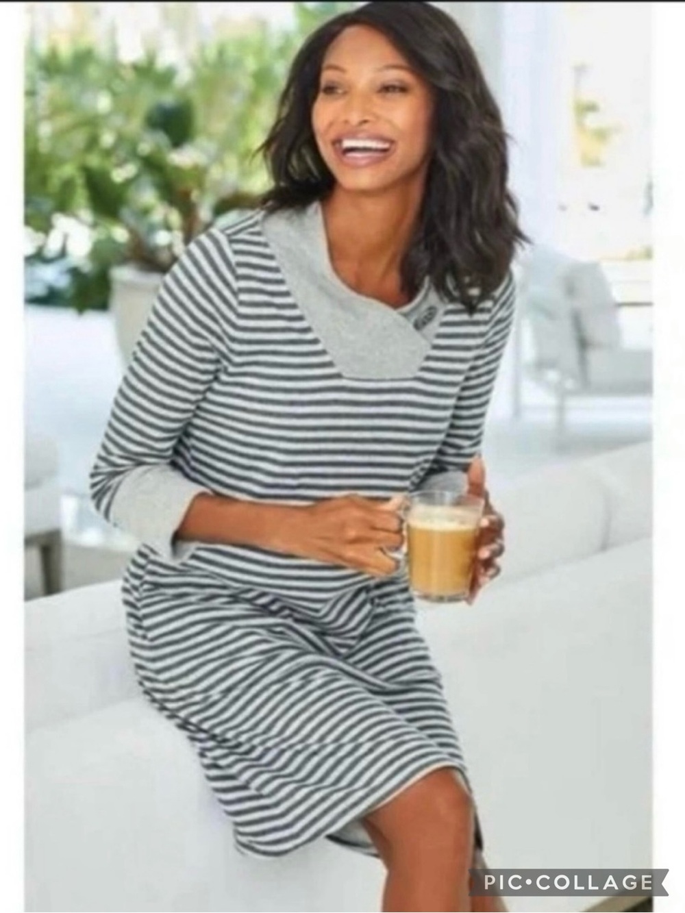 Soft Surroundings Dress Chill Times Grey Striped Long Sleeve Tunic Cotton M